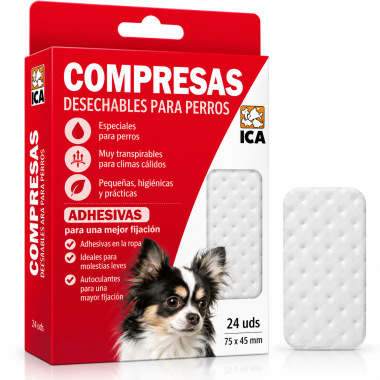 Compresas higiénicas adhesivas ICA para perros Talla S 75 × 45 mm – Pack de 24 unidades para braguitas higiénicas.
