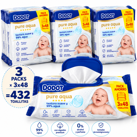 Toallitas Dodot Aqua Pure Pack 432 Uds (9x48) – Máxima Pureza y Suavidad para la Piel del Bebé
