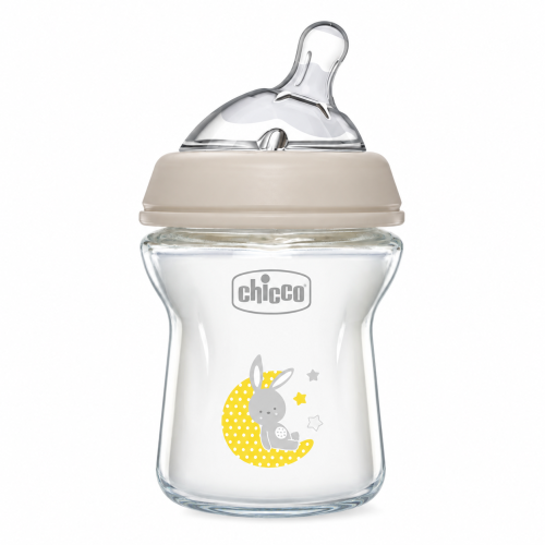 Biberón Chicco NaturalFeeling de cristal 150 ml 0m+ con tetina inclinada de silicona y sistema anticólicos