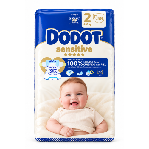 Dodot Sensitive Talla 2 , de 58 pañales para bebés de 4 a 8 kg con Cintura Flex Protect y barrera STOP