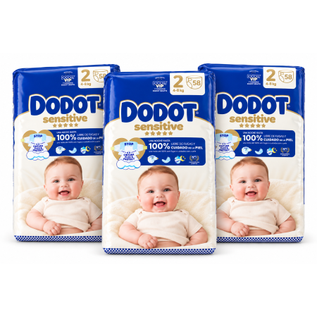 Dodot Sensitive Talla 2 pack 174 pañales para bebés de 4 a 8 kg con Cintura Flex Protect y barrera STOP