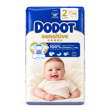 Dodot Sensitive Talla 2 paquete de 58 pañales para bebés de 4 a 8 kg con Cintura Flex Protect y barrera STOP