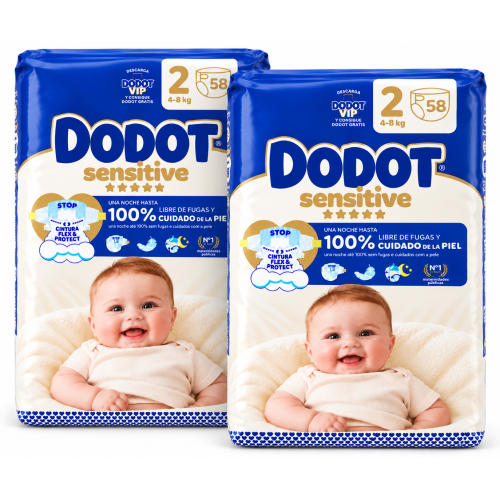 Dodot Sensitive Talla 2 pack 116 pañales con 2 paquetes de 58 unidades para bebés de 4 a 8 kg