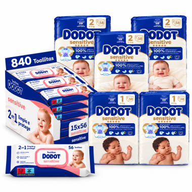 Pack Bebe Super Ahorro con 116 panales Dodot Sensitive Talla 1, 174 panales Talla 2 y 840 Toallitas Sensitive