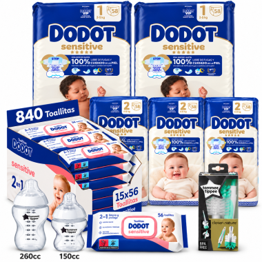 Pack Súper Ahorro: Pañales Dodot Sensitive Talla 1 + Talla 2 + Toallitas Sensitive + Biberones y Cepillo Tommee Tippee