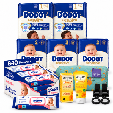 Pack Bebé Súper Ahorro: 116 Pañales Dodot Sensitive Talla 1 + 174 Talla 2 + 840 Toallitas + Weleda, Cambiador y Ganchos