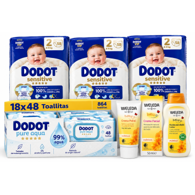 Pack Bebe Super Ahorro con 174 panales Dodot Sensitive Talla 2, 864 toallitas Pure Aqua y cuidado Weleda Calendula