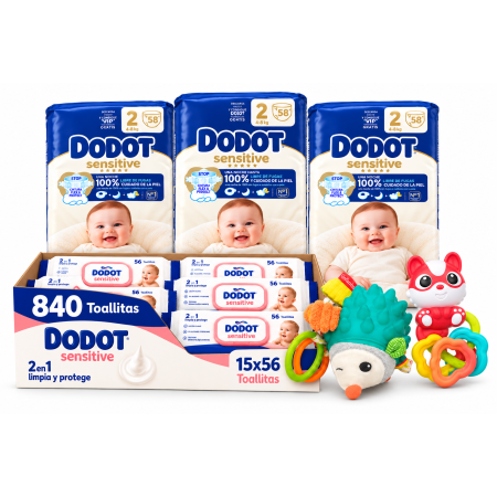 Pack Bebe Super Ahorro con 174 panales Dodot Sensitive Talla 2, 840 toallitas, colgador sonoro  y sonajero Chicco