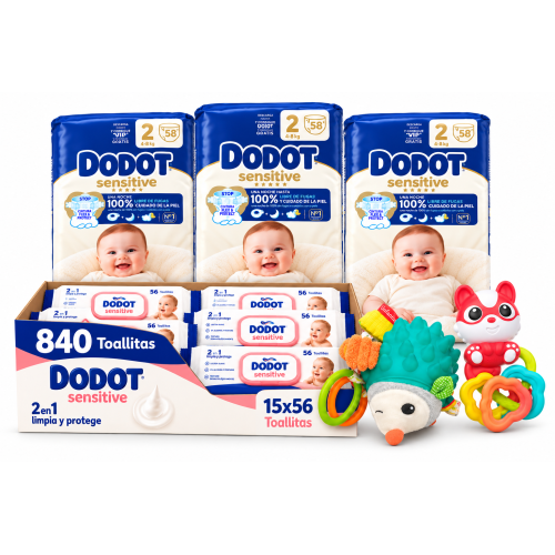 Pack Bebe Super Ahorro con 174 panales Dodot Sensitive Talla 2, 840 toallitas, colgador sonoro  y sonajero Chicco