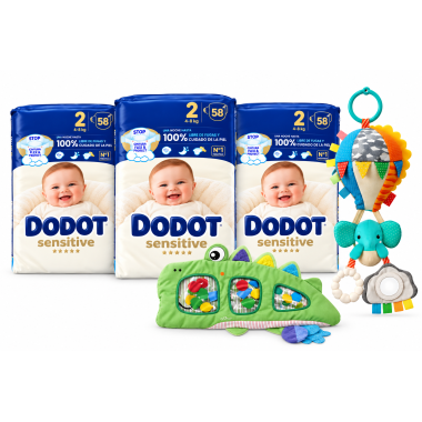 Pack Super Ahorro Dodot Sensitive Talla 2 con 174 panales, Colgador Globo Elefante y Cocodrilo Alfombra de Agua Chicco
