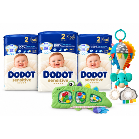 Pack Super Ahorro Dodot Sensitive Talla 2 con 174 panales, Colgador Globo Elefante y Cocodrilo Alfombra de Agua Chicco