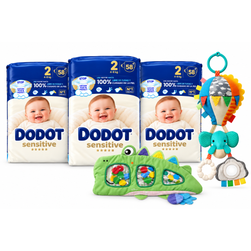 Pack Super Ahorro Dodot Sensitive Talla 2 con 174 panales, Colgador Globo Elefante y Cocodrilo Alfombra de Agua Chicco