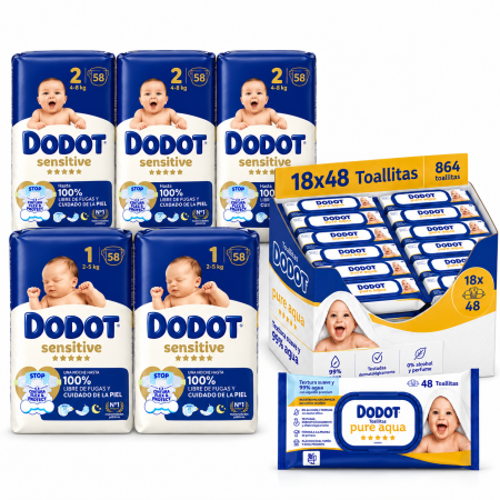 Pack Super Ahorro con 116 panales Dodot Sensitive Talla 1, 174 Talla 2 y 864 Toallitas Dodot Pure Aqua