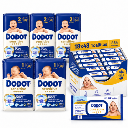 Pack Super Ahorro con 116 panales Dodot Sensitive Talla 1, 174 Talla 2 y 864 Toallitas Dodot Pure Aqua