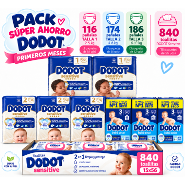 Pack Super Ahorro Dodot con 476 panales Tallas 1 2 y 3 y 840 Toallitas Dodot Sensitive