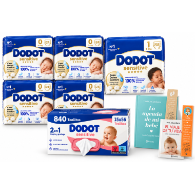 Pack Súper Ahorro Dodot Sensitive recién nacido Talla 0 y Talla 1 con 840 toallitas y libros Lucía mi pediatra