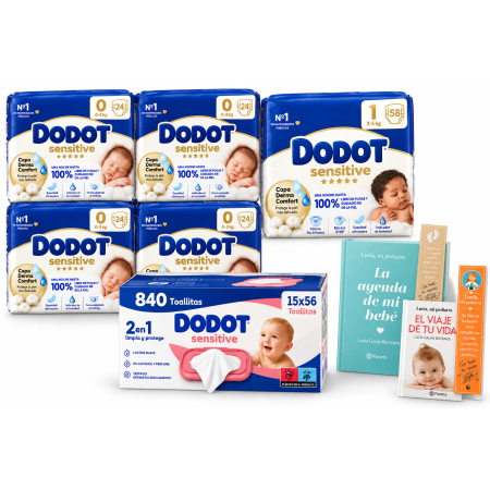 Pack Súper Ahorro Dodot Sensitive recién nacido Talla 0 y Talla 1 con 840 toallitas y libros Lucía mi pediatra