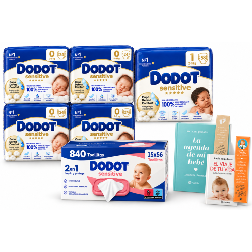 Pack Súper Ahorro Dodot Sensitive recién nacido Talla 0 y Talla 1 con 840 toallitas y libros Lucía mi pediatra
