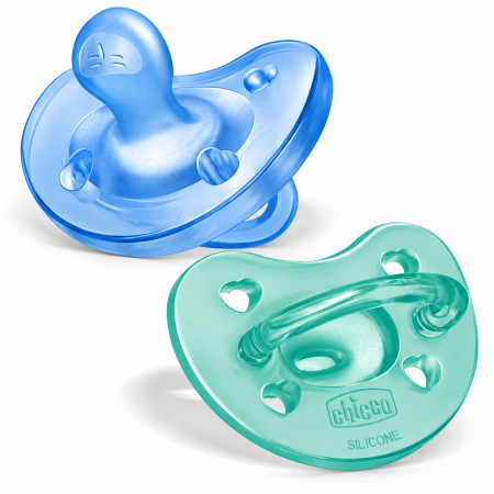 Chicco PhysioForma Soft de 6 a 16 meses, pack de dos chupetes de silicona azul y verde menta.
