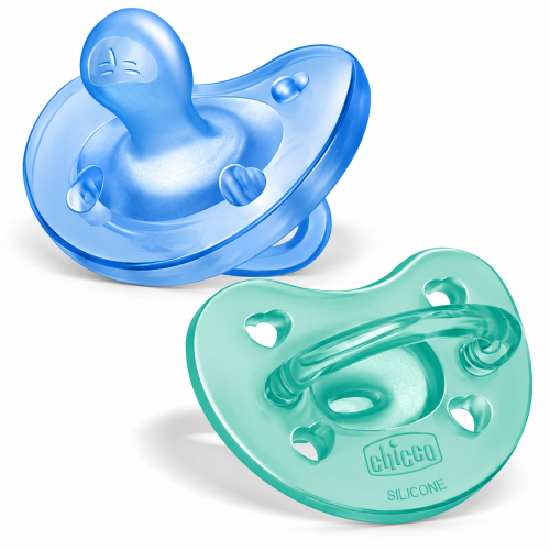 Chicco PhysioForma Soft de 6 a 16 meses, pack de dos chupetes de silicona azul y verde menta.