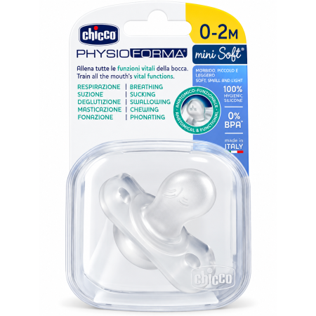 Chicco PhysioForma Mini Soft 0-2 meses, chupete transparente de silicona extra suave para recién nacidos.