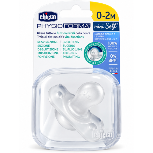Chicco PhysioForma Mini Soft 0-2 meses, chupete transparente de silicona extra suave para recién nacidos.
