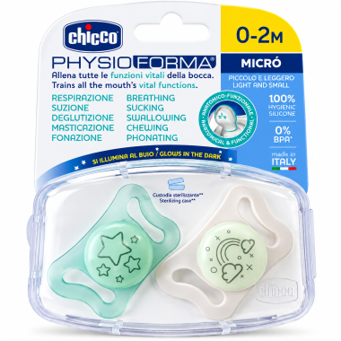 Chupetes PhysioForma Micro Silicona 2 uds (0-2 meses) Chicco – Especial para recién nacidos, ligero y delicado