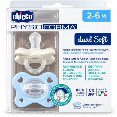Pack de 2 chupetes Chicco PhysioForma Dual Soft de 2 a 6 meses en rosa y azul