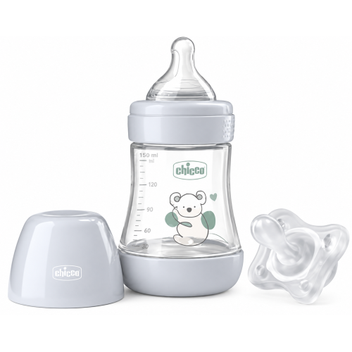 Set Chicco Perfect5 Biberón Anticólicos 150 ml + Chupete PhysioForma 100% Silicona 0-2 Meses – Gris