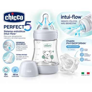 Set Chicco Perfect5 Biberón Anticólicos 150 ml + Chupete PhysioForma 100% Silicona 0-2 Meses – Gris