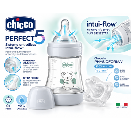 Set Chicco Perfect5 Biberón Anticólicos 150 ml + Chupete PhysioForma 100% Silicona 0-2 Meses – Gris