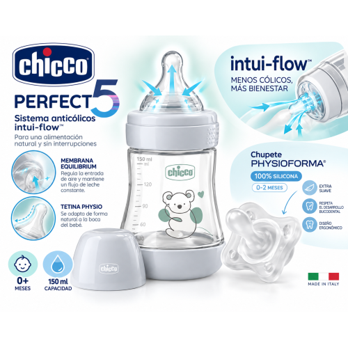 Set Chicco Perfect5 Biberón Anticólicos 150 ml + Chupete PhysioForma 100% Silicona 0-2 Meses – Gris