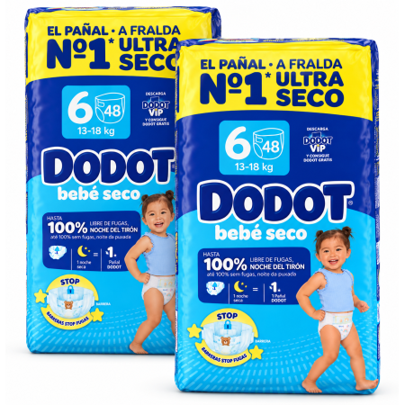 Dodot Bebé Seco Talla 6 (13-18 kg) – Pack Ahorro 96 Pañales (2x48) con Barreras Stop Fugas y Protección Nocturna.