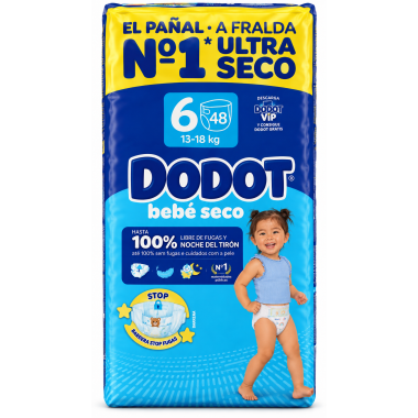 Dodot Bebé Seco Talla 6 (13-18 kg), paquete de 48 pañales con Barreras Stop Fugas y protección nocturna