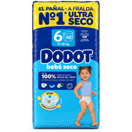 Dodot Bebé Seco Talla 6 (13-18 kg), paquete de 48 pañales con Barreras Stop Fugas y protección nocturna