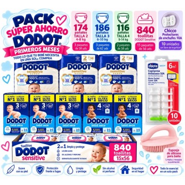 Pack Súper Ahorro Dodot – Talla 2 (174) + Talla 3 (186) + Talla 4 (116) + 840 Toallitas + Esponja + Protectores Enchufes