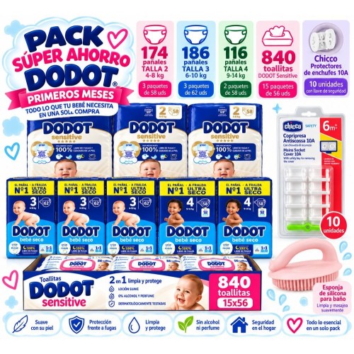 Pack Súper Ahorro Dodot – Talla 2 (174) + Talla 3 (186) + Talla 4 (116) + 840 Toallitas + Esponja + Protectores Enchufes