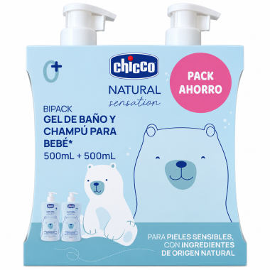 Chicco Natural Sensation Gel de Baño y Champú para Bebé – Pack Ahorro 2 × 500 ml con Aloe y Camomila.