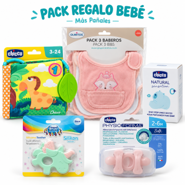 Pack Regalo Bebé Rosa –  sonajero Libro Chicco, 3 Baberos, Mordedor, 2 Chupetes y Agua Perfumada