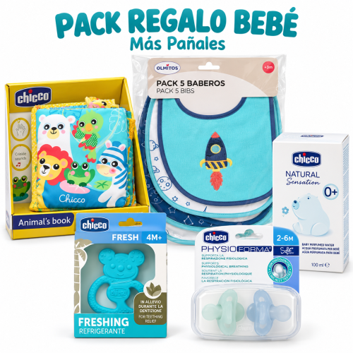 Pack Regalo Bebé Azul – sonajero Libro Chicco, 5 Baberos, Mordedor, 2 Chupetes y Agua Perfumada