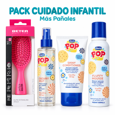 Pack Cuidado Infantil Chicco POP Vanilla Wrap – Mousse de Baño, Acondicionador, Perfume Capilar y Cepillo Beter Rosa