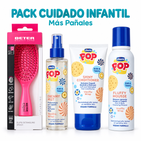 Pack Cuidado Infantil Chicco POP Vanilla Wrap – Mousse de Baño, Acondicionador, Perfume Capilar y Cepillo Beter Rosa