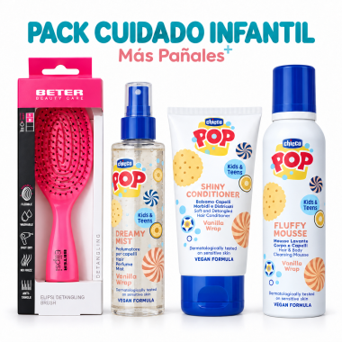 Pack Cuidado Infantil Chicco POP Vanilla Wrap – Mousse de Baño, Acondicionador, Perfume Capilar y Cepillo Beter Rosa