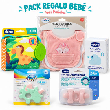 Pack Regalo Bebé Rosa –  sonajero Libro Chicco, 3 Baberos, Mordedor, 2 Chupetes y Agua Perfumada