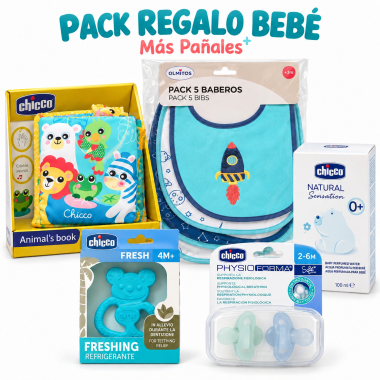 Pack Regalo Bebé Azul – sonajero Libro Chicco, 5 Baberos, Mordedor, 2 Chupetes y Agua Perfumada
