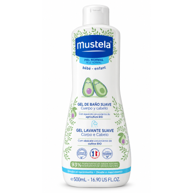Gel de Baño Suave Mustela 500 ml para la higiene del cuerpo y el cabello del bebé.