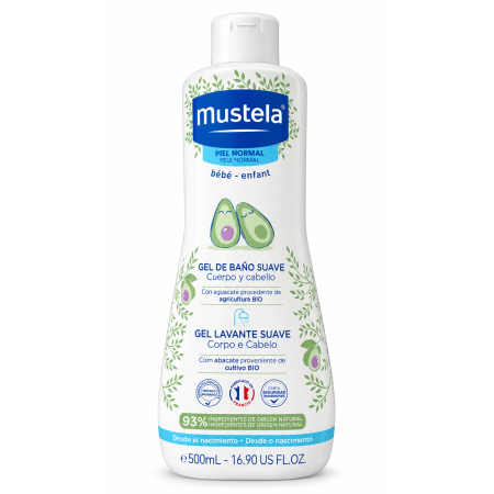 Gel de Baño Suave Mustela 500 ml para la higiene del cuerpo y el cabello del bebé.