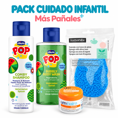 Pack Cuidado Infantil Sandía con champú y gel Chicco POP, esponja Suavinex con iones de plata y Letibalm Pediátrico.