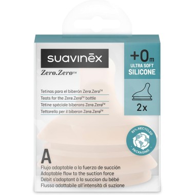 Tetinas Anticólicos Suavinex Zero Zero de Silicona Talla A – Flujo Adaptable +0 Meses – Pack 2 Unidades
