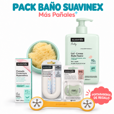 Pack Baño y Cuidado Suavinex con Gel 500 ml, Esponja Natural, Pomada 75 ml, Termómetro y Chupete + Portababeros de Regalo